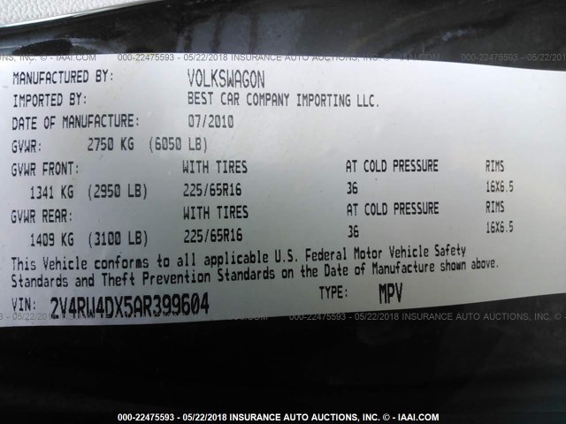 2V4RW4DX5AR399604 - 2010 VOLKSWAGEN ROUTAN S შავი ფოტო 9