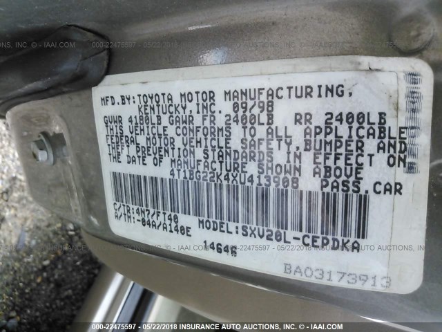 4T1BG22K4XU413908 - 1999 TOYOTA CAMRY CE/LE/XLE ბეჟი ფოტო 9