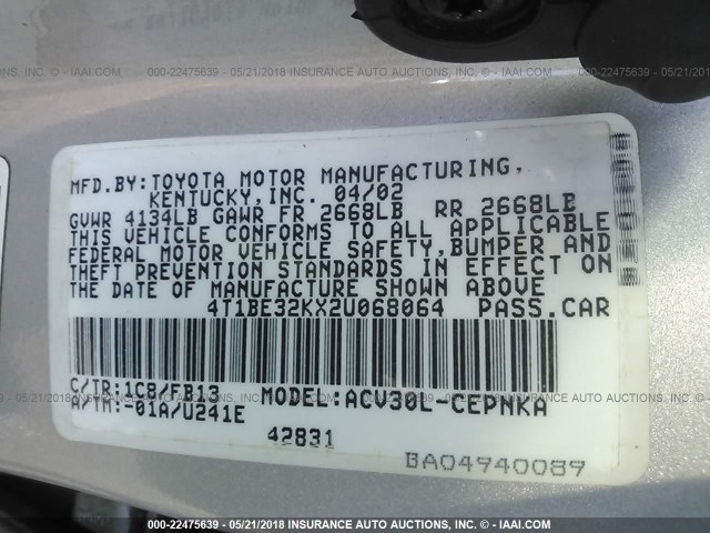 4T1BE32KX2U068064 - 2002 TOYOTA CAMRY LE/XLE/SE ვერცხლისფერი ფოტო 9