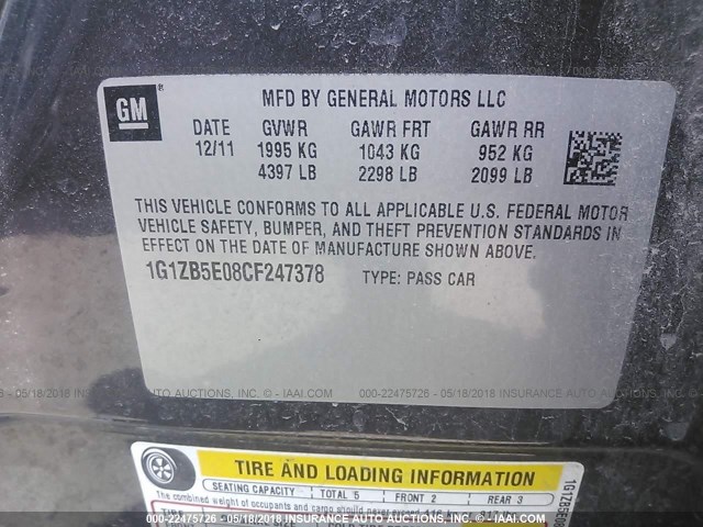 1G1ZB5E08CF247378 - 2012 CHEVROLET MALIBU LS 灰色 照片 9