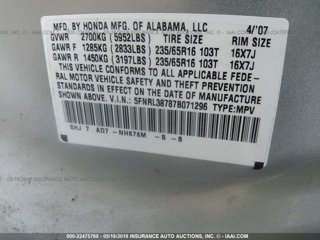 5FNRL38787B071296 - 2007 HONDA ODYSSEY EXL ვერცხლისფერი ფოტო 9