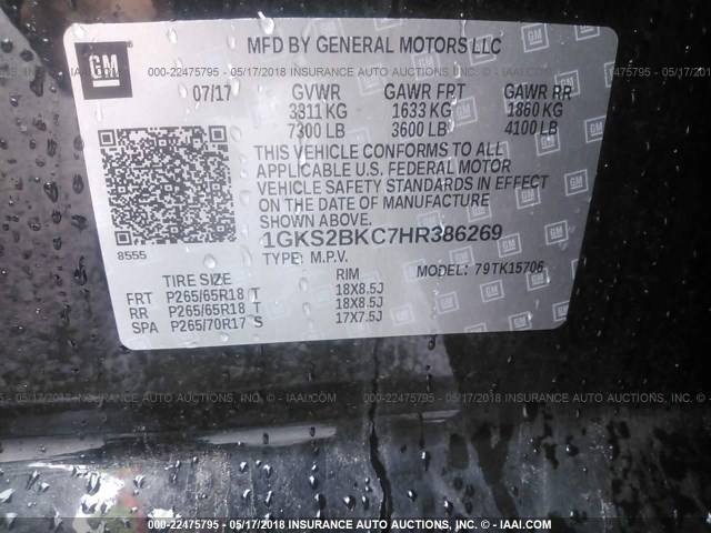 1GKS2BKC7HR386269 - 2017 GMC YUKON SLT BLACK photo 9