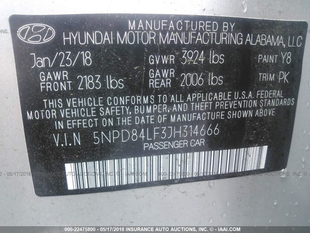 5NPD84LF3JH314666 - 2018 HYUNDAI ELANTRA SEL/VALUE/LIMITED SILVER photo 9