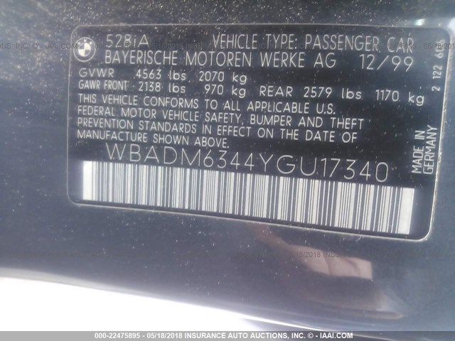 WBADM6344YGU17340 - 2000 BMW 528 I AUTOMATIC GREEN photo 9