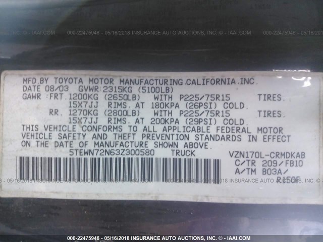 5TEWN72N63Z300580 - 2003 TOYOTA TACOMA XTRACAB BLACK photo 9