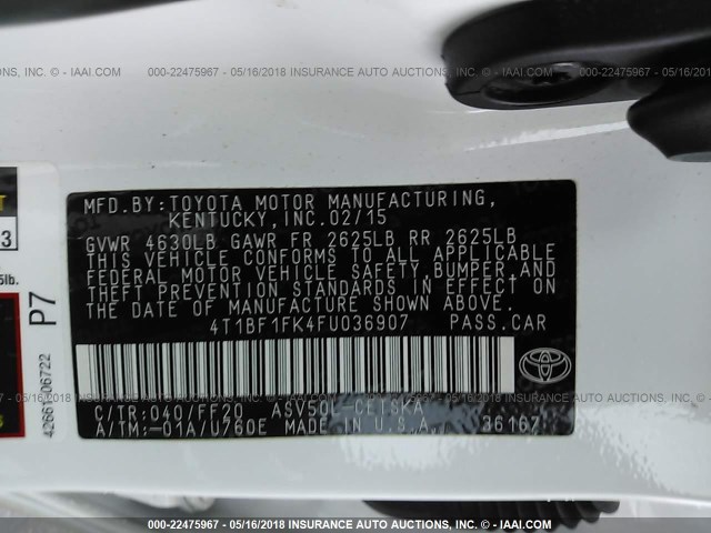 4T1BF1FK4FU036907 - 2015 TOYOTA CAMRY LE/XLE/SE/XSE WHITE photo 9