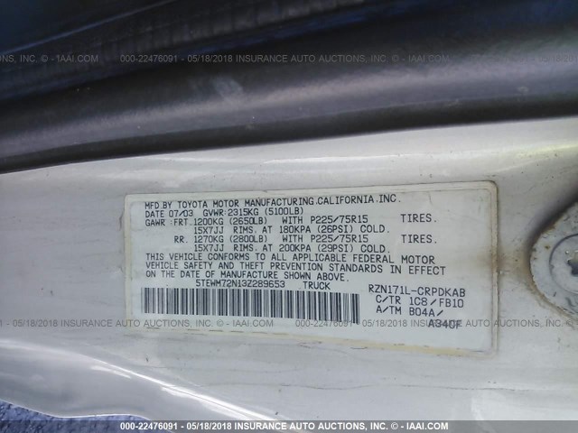 5TEWM72N13Z289653 - 2003 TOYOTA TACOMA XTRACAB SILVER photo 9