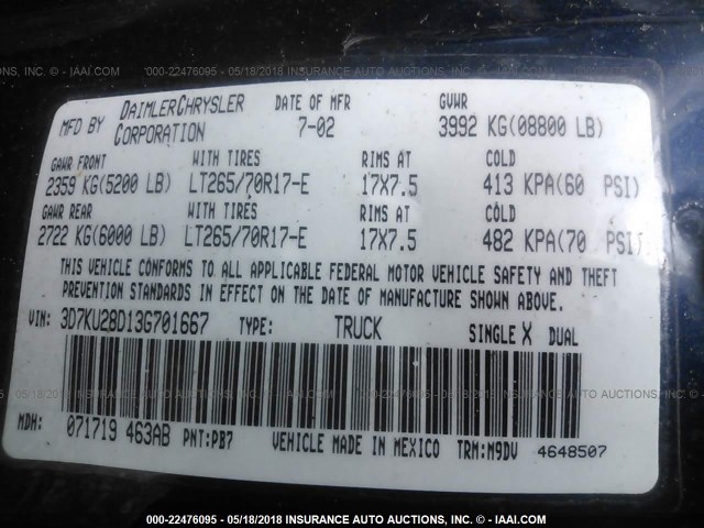 3D7KU28D13G701667 - 2003 DODGE RAM 2500 ST/SLT 未知 照片 9