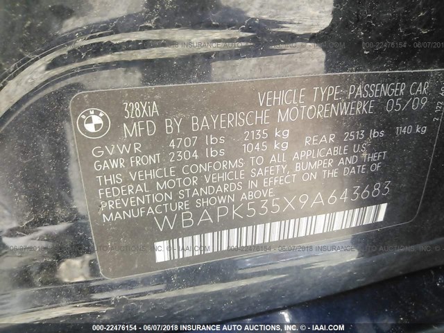WBAPK535X9A643683 - 2009 BMW 328 BLACK photo 9