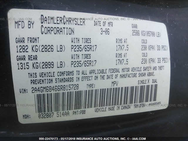 2A4GM68466R815728 - 2006 CHRYSLER PACIFICA TOURING BLUE photo 9
