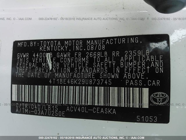 4T1BE46K29U873745 - 2009 TOYOTA CAMRY SE/LE/XLE WHITE photo 9