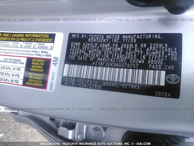 4T1BF3EK9AU079757 - 2010 TOYOTA CAMRY SE/LE/XLE SILVER photo 9