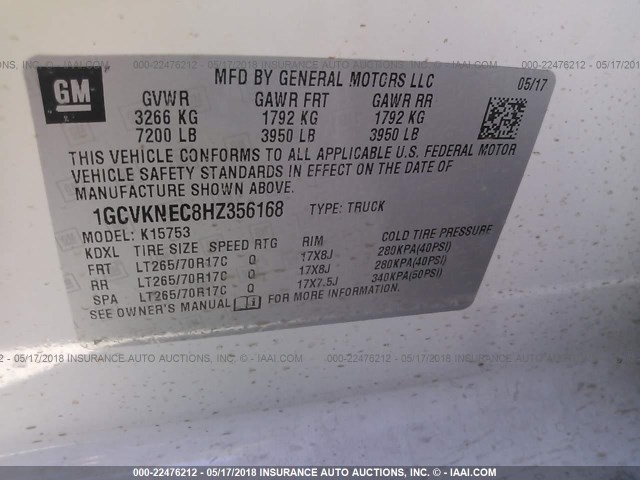 1GCVKNEC8HZ356168 - 2017 CHEVROLET SILVERADO K1500/K1500 LS WHITE photo 9