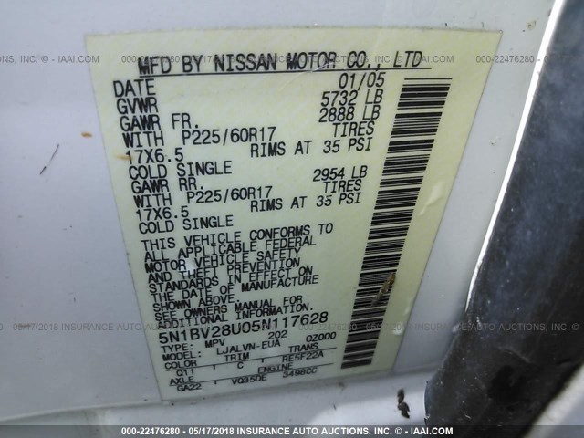 5N1BV28U05N117628 - 2005 NISSAN QUEST S/SE/SL WHITE photo 9