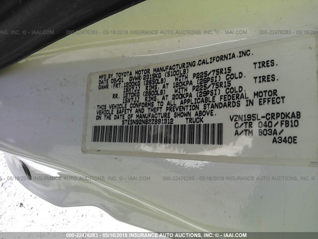 5TESN92N82Z891312 - 2002 TOYOTA TACOMA XTRACAB PRERUNNER თეთრი ფოტო 9