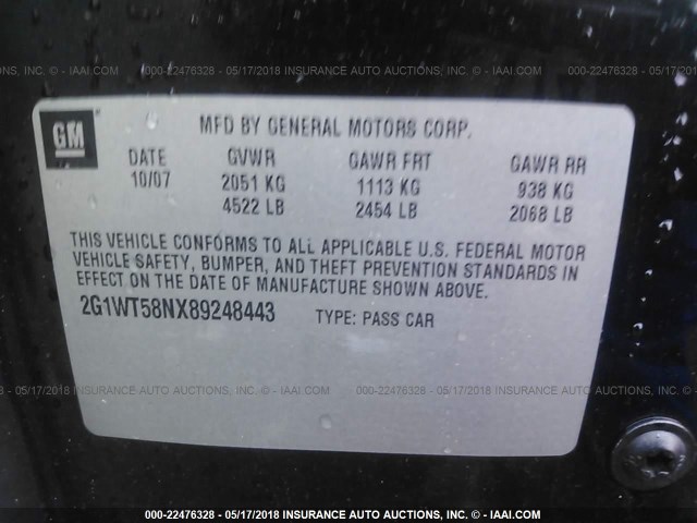 2G1WT58NX89248443 - 2008 CHEVROLET IMPALA LT BLACK photo 9