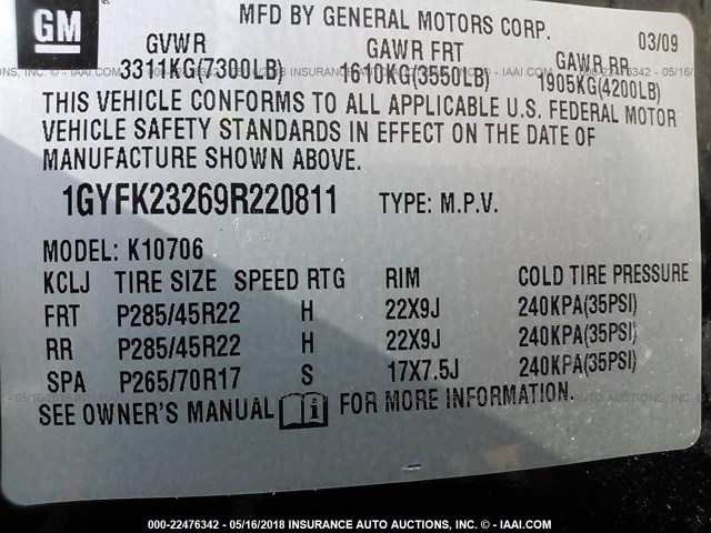 1GYFK23269R220811 - 2009 CADILLAC ESCALADE LUXURY შავი ფოტო 9