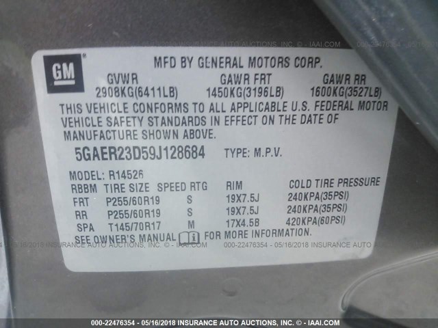 5GAER23D59J128684 - 2009 BUICK ENCLAVE CXL Marron photo 9