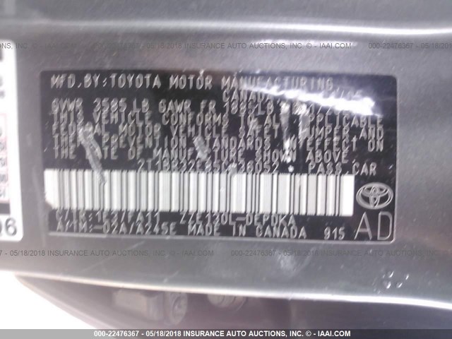 2T1BR32E85C436052 - 2005 TOYOTA COROLLA CE/LE/S GRAY photo 9