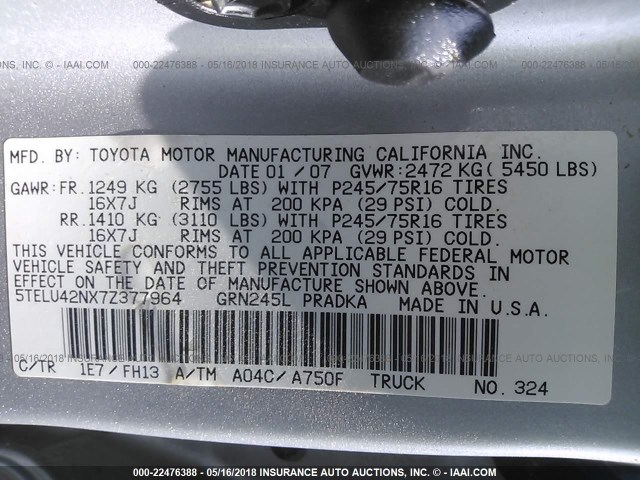 5TELU42NX7Z377964 - 2007 TOYOTA TACOMA DOUBLE CAB ვერცხლისფერი ფოტო 9