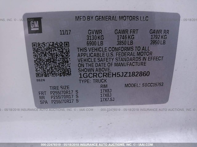 1GCRCREH5JZ182860 - 2018 CHEVROLET SILVERADO C1500 LT أبيض صورة 9