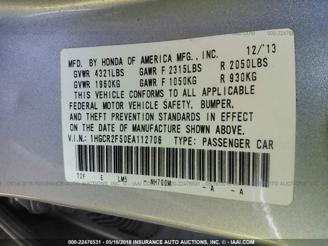 1HGCR2F50EA112706 - 2014 HONDA ACCORD SPORT 银色 照片 9