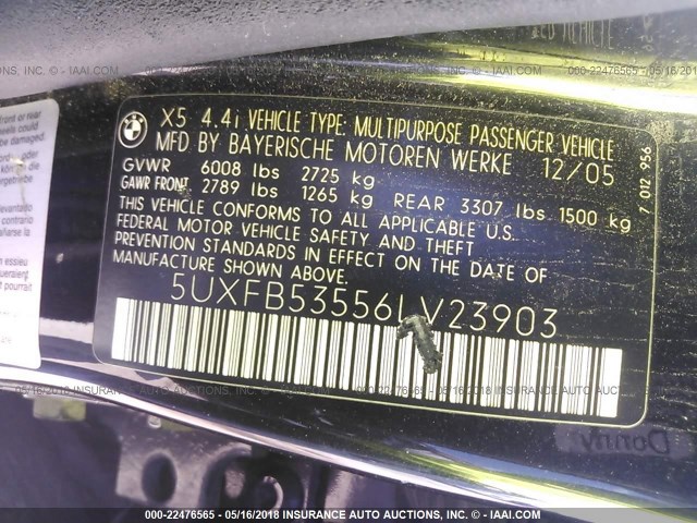 5UXFB53556LV23903 - 2006 BMW X5 4.4I BLACK photo 9