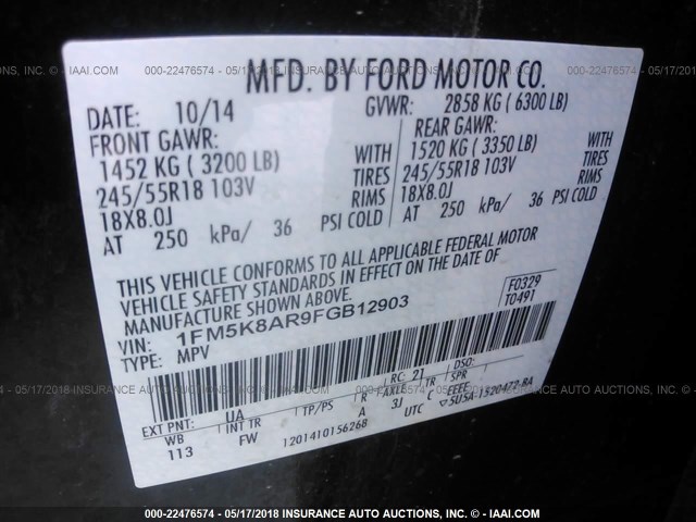 1FM5K8AR9FGB12903 - 2015 FORD EXPLORER POLICE INTERCEPTOR BLACK photo 9