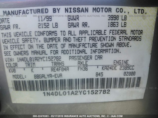 1N4DL01A2YC152782 - 2000 NISSAN ALTIMA XE/GXE/SE/GLE GRAY photo 9