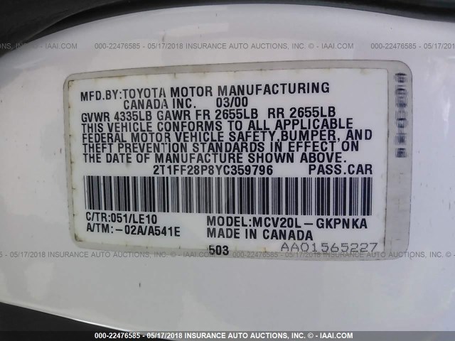 2T1FF28P8YC359796 - 2000 TOYOTA CAMRY SOLARA SE/SLE WHITE photo 9