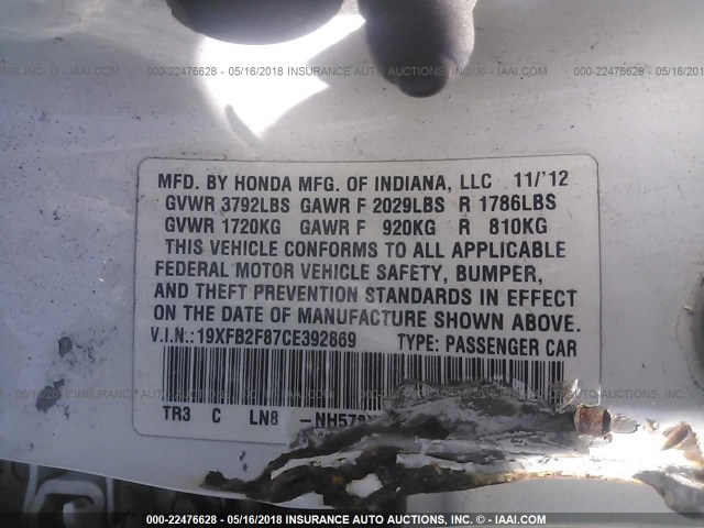 19XFB2F87CE392869 - 2012 HONDA CIVIC EX WHITE photo 9