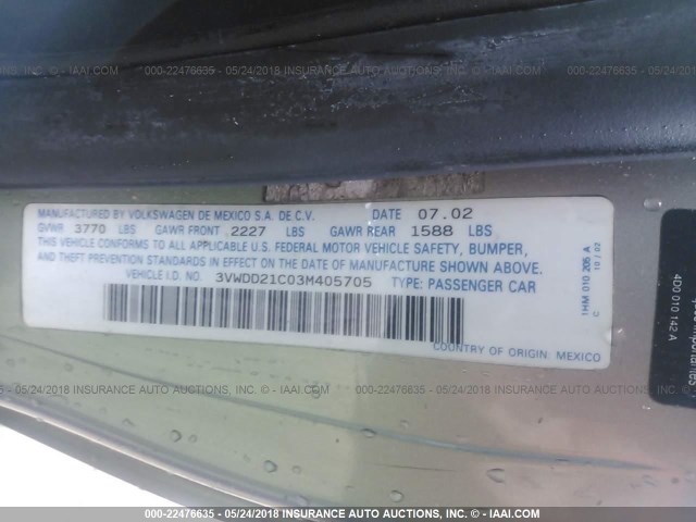 3VWDD21C03M405705 - 2003 VOLKSWAGEN NEW BEETLE GLX 绿色 照片 9