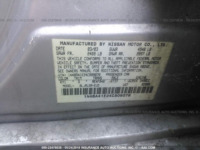 1N4BA41E24C809078 - 2004 NISSAN MAXIMA SE/SL SILVER photo 8