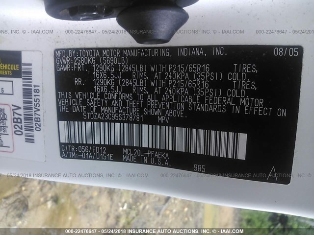 5TDZA23C95S378781 - 2005 TOYOTA SIENNA CE/LE WHITE photo 9