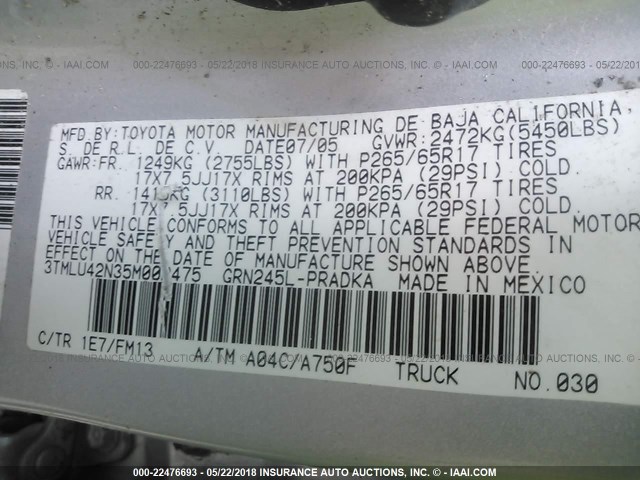3TMLU42N35M002475 - 2005 TOYOTA TACOMA DOUBLE CAB ვერცხლისფერი ფოტო 9