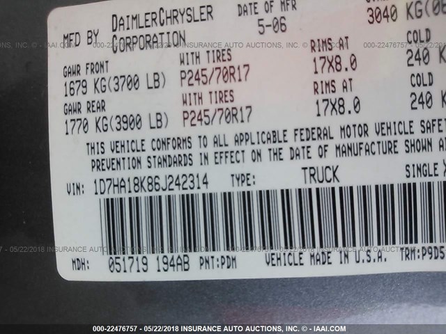 1D7HA18K86J242314 - 2006 DODGE RAM 1500 ST GRAY photo 9