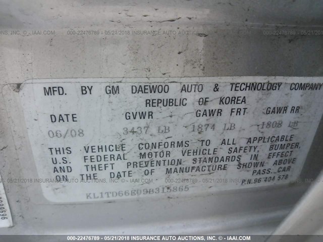 KL1TD66E09B315865 - 2009 CHEVROLET AVEO LS/LT 银色 照片 9