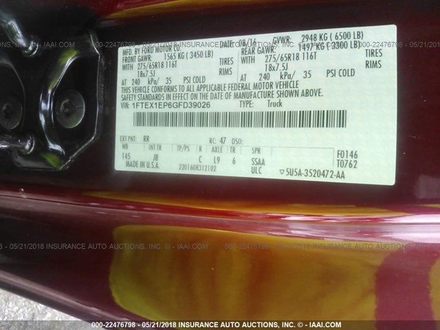 1FTEX1EP6GFD39026 - 2016 FORD F150 SUPER CAB RED photo 9