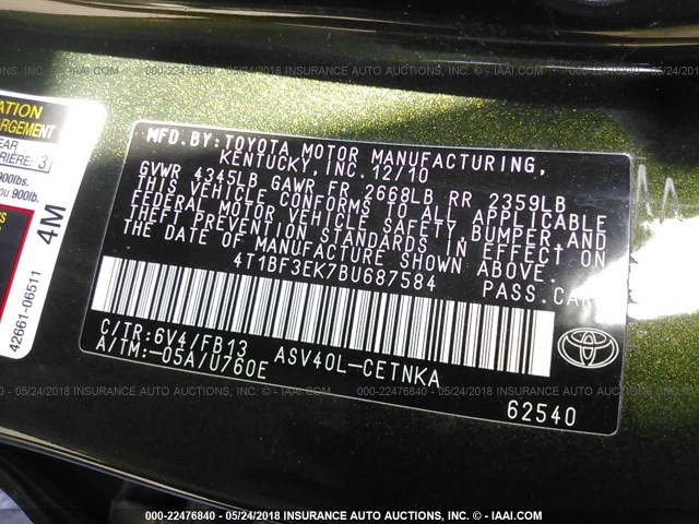 4T1BF3EK7BU687584 - 2011 TOYOTA CAMRY SE/LE/XLE მწვანე ფოტო 9