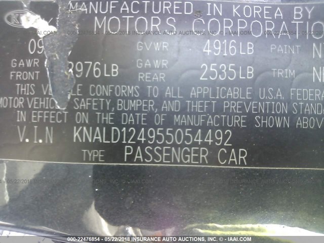 KNALD124955054492 - 2005 KIA AMANTI GRAY photo 9