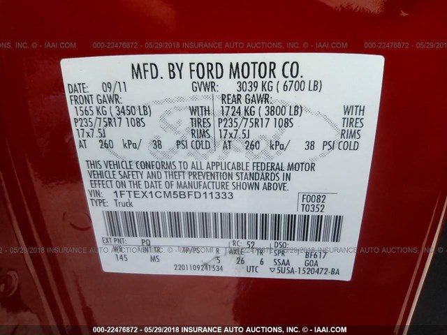 1FTEX1CM5BFD11333 - 2011 FORD F150 SUPER CAB RED photo 9