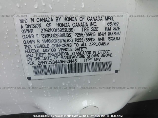 2HNYD28449H521445 - 2009 ACURA MDX TECHNOLOGY WHITE photo 9