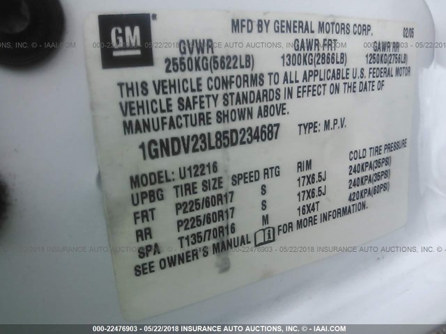 1GNDV23L85D234687 - 2005 CHEVROLET UPLANDER LS WHITE photo 9