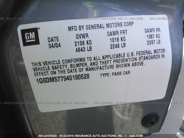1G6DM577940180528 - 2004 CADILLAC CTS GRAY photo 9