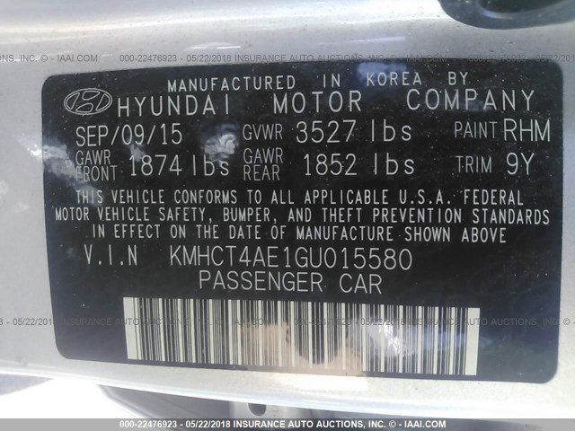 KMHCT4AE1GU015580 - 2016 HYUNDAI ACCENT SE SILVER photo 9