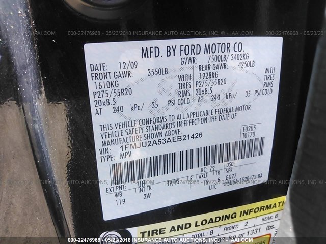 1FMJU2A53AEB21426 - 2010 FORD EXPEDITION LIMITED BLACK photo 9