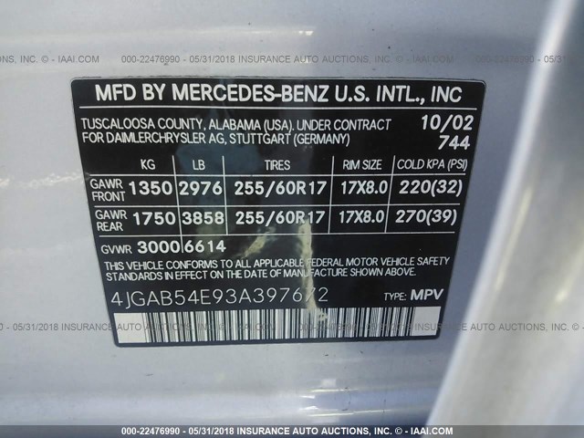 4JGAB54E93A397672 - 2003 MERCEDES-BENZ ML 320 SILVER photo 9