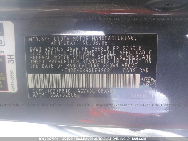 4T1BE46K49U842691 - 2009 TOYOTA CAMRY SE/LE/XLE 灰色 照片 9