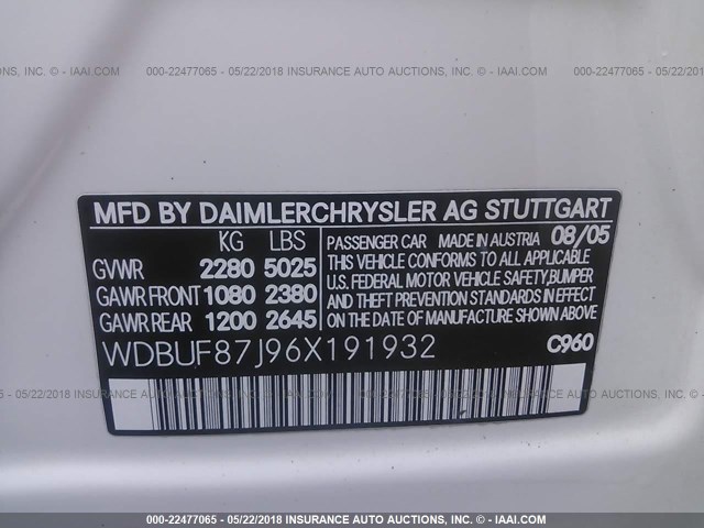 WDBUF87J96X191932 - 2006 MERCEDES-BENZ E 350 4MATIC WHITE photo 9