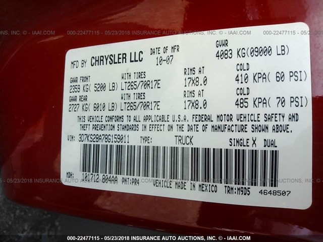 3D7KS28A78G159011 - 2008 DODGE RAM 2500 ST/SLT 红色 照片 9